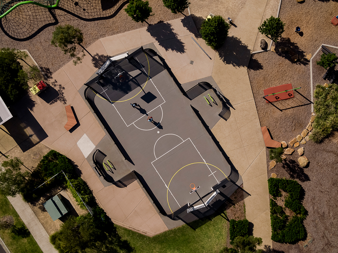 birds eye view of basketball and park